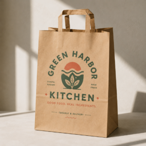 Custom Flat Handle Kraft Paper Takeout Bags with Logo